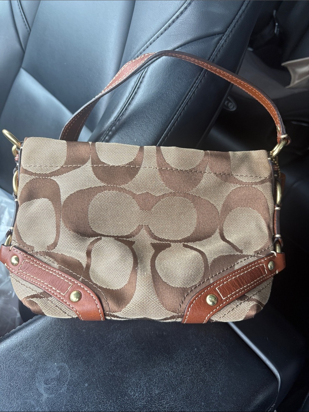 Coach Brown Signature Canvas Shoulder Bag with Leather Trim